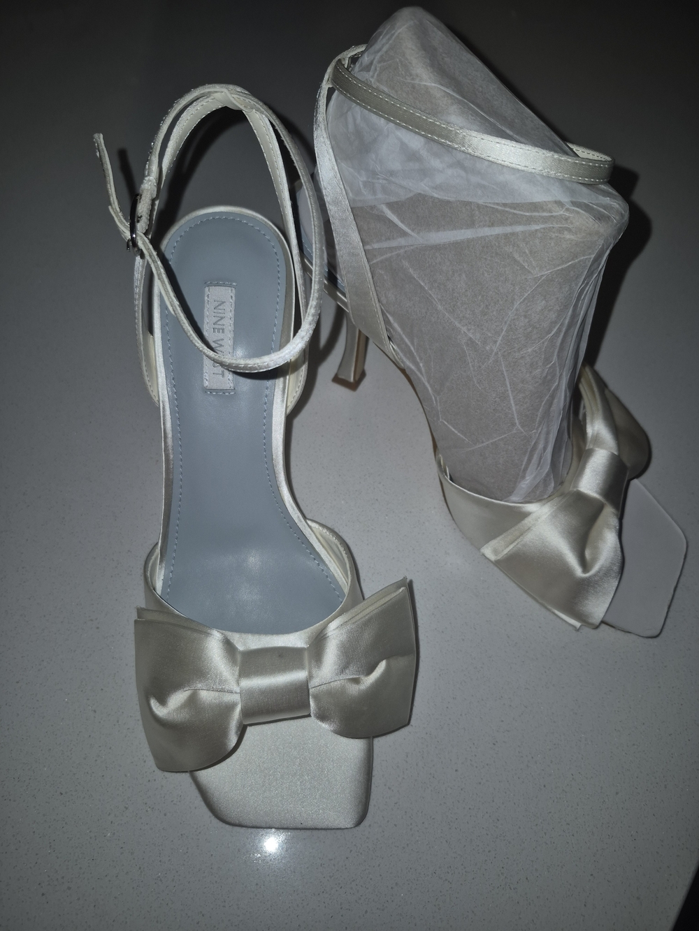 Nine West Ivory Satin Bow Ankle-Strap Heels